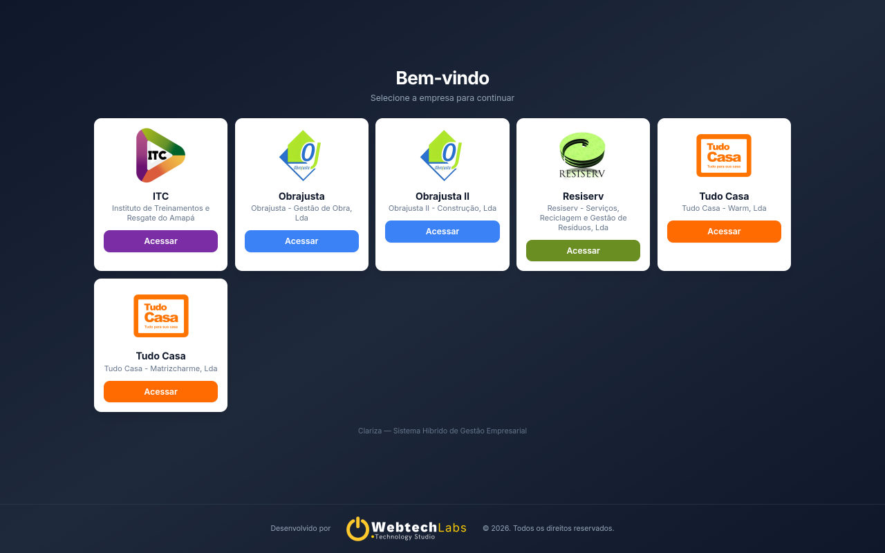 App Clariza — sistema de gestão multiempresa